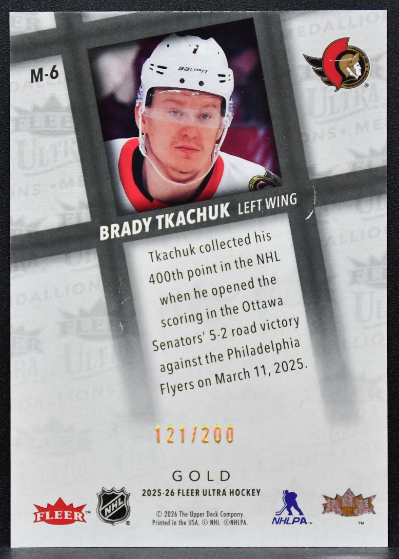 2025-26 Fleer Ultra Medallions Gold Brady Tkachuk M-6 Senators 121/200 5879