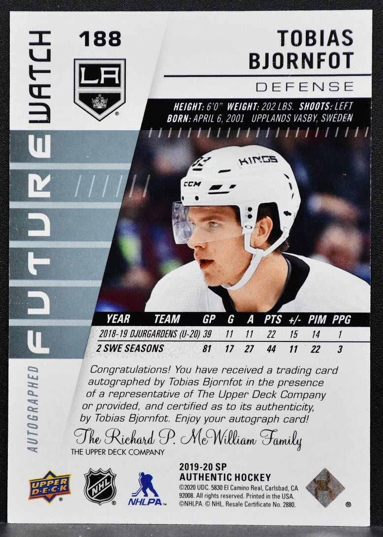 2019-20 SP Authentic Future Watch Auto Tobias Bjornfot Kings RC Auto 9273