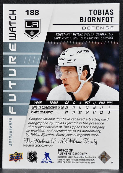 2019-20 SP Authentic Future Watch Auto Tobias Bjornfot Kings RC Auto 9273