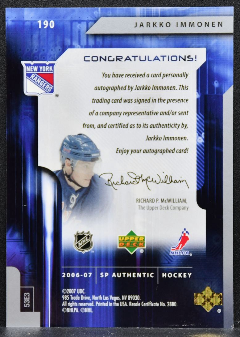 2006-07 SP Authentic Future Watch Auto Jarkko Immonen Rangers RC Auto 1719