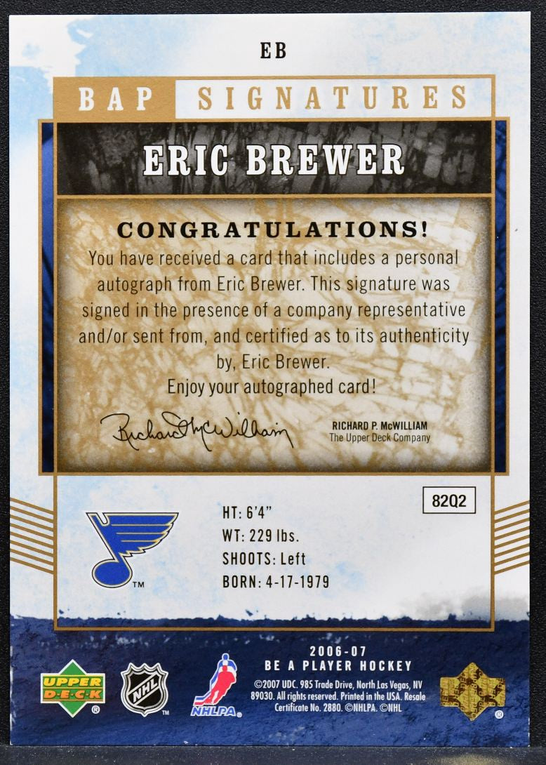 2006-07 Upper Deck Be A Player Signatures Eric Brewer EB Blues Auto 0659