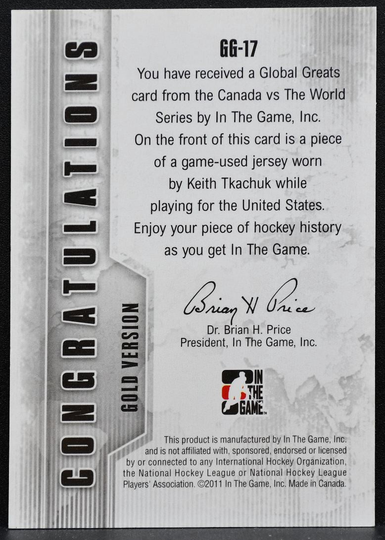 2011-12 ITG Canada vs World Global Greats Gold Green Vault Tkachuk Jersey 6410