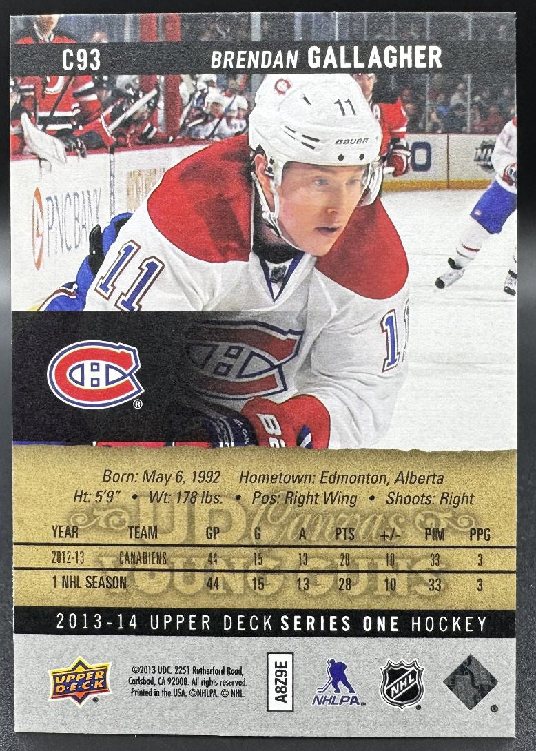 2013-14 UD UD Canvas Young Guns Brendan Gallagher C93 Canadiens de Montréal RC
