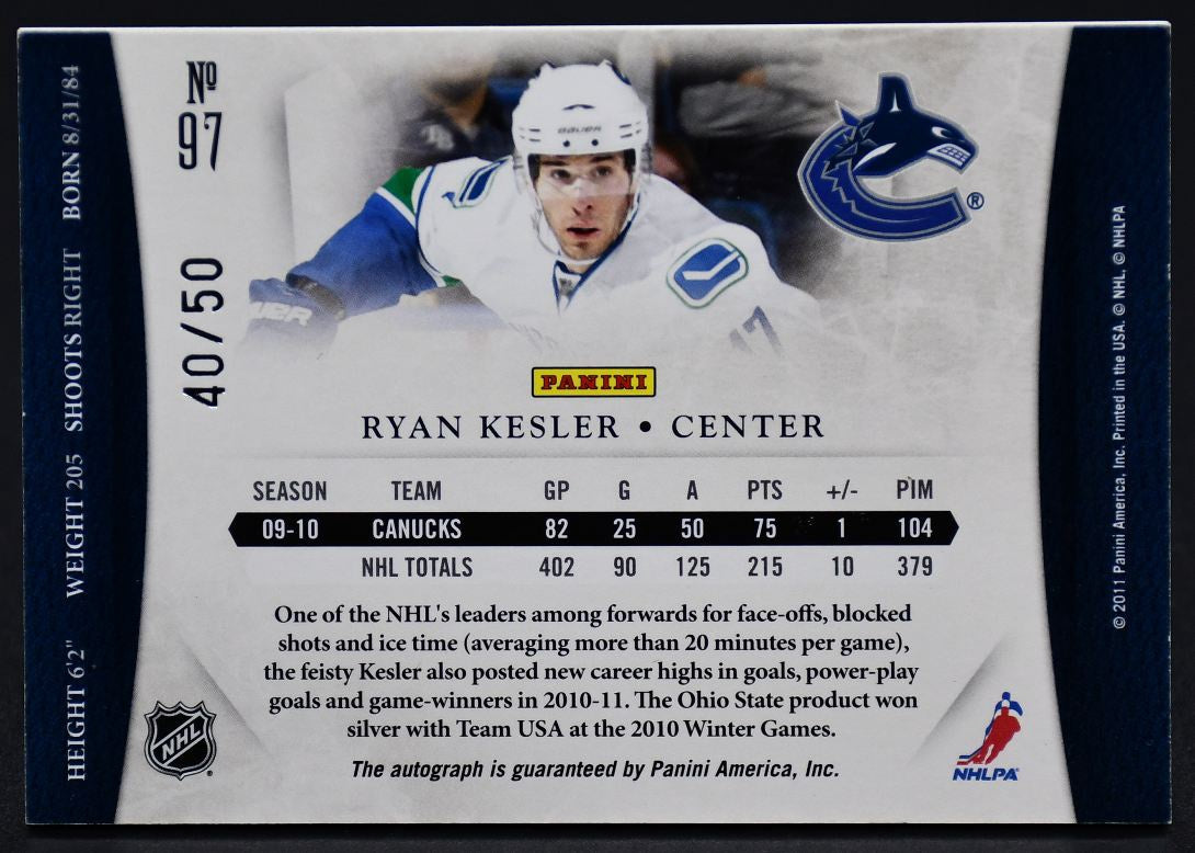 Carte Panini Ryan Kesler 97 Auto 40/50 (2011-12)