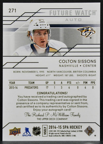 2014-15 SP Authentic Future Watch Auto Colton Sissons RC Auto 851/999 9936