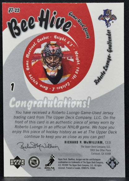 2004-05 Upper Deck Beehive Roberto Luongo JT-22 Florida Panthers Jersey 8531