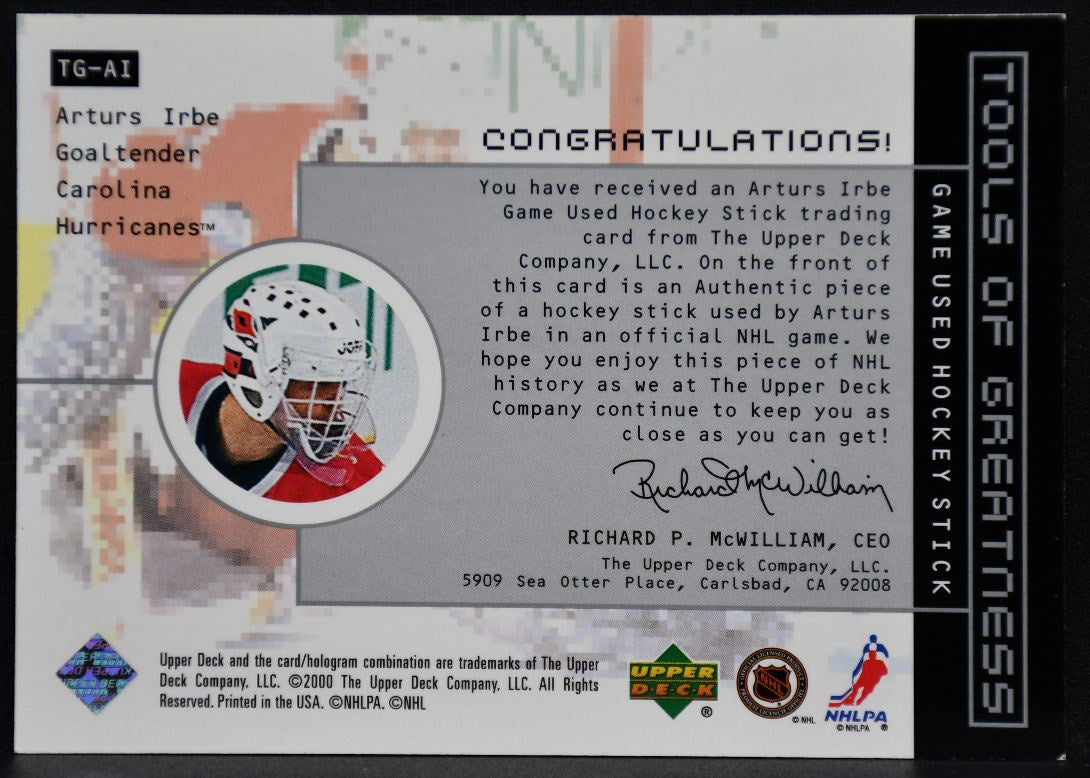 1999-100 UD Wayne Gretzky Tools of Greatness Arturs Irbe TG-AI Hurricanes Stick 4084