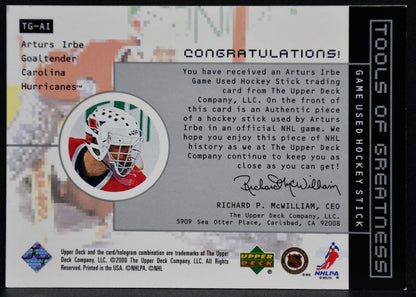 1999-100 UD Wayne Gretzky Tools of Greatness Arturs Irbe TG-AI Hurricanes Stick 4084