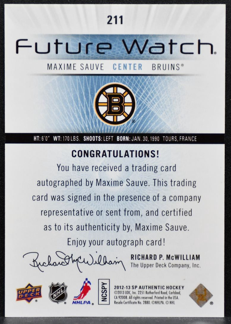 2012-13 SP Authentic Future Watch Auto Maxime Sauve Bruins RC Auto 653/999 6167