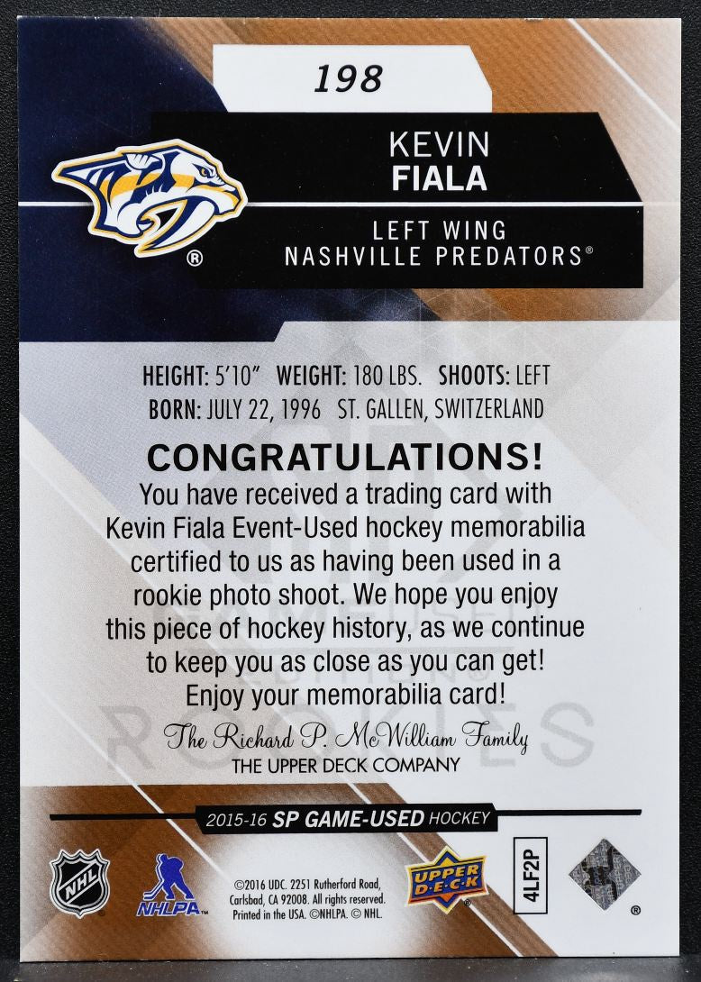2015-16 SP Game Used Authentic Rookies Copper Jersey Kevin Fiala RC Jersey 3520
