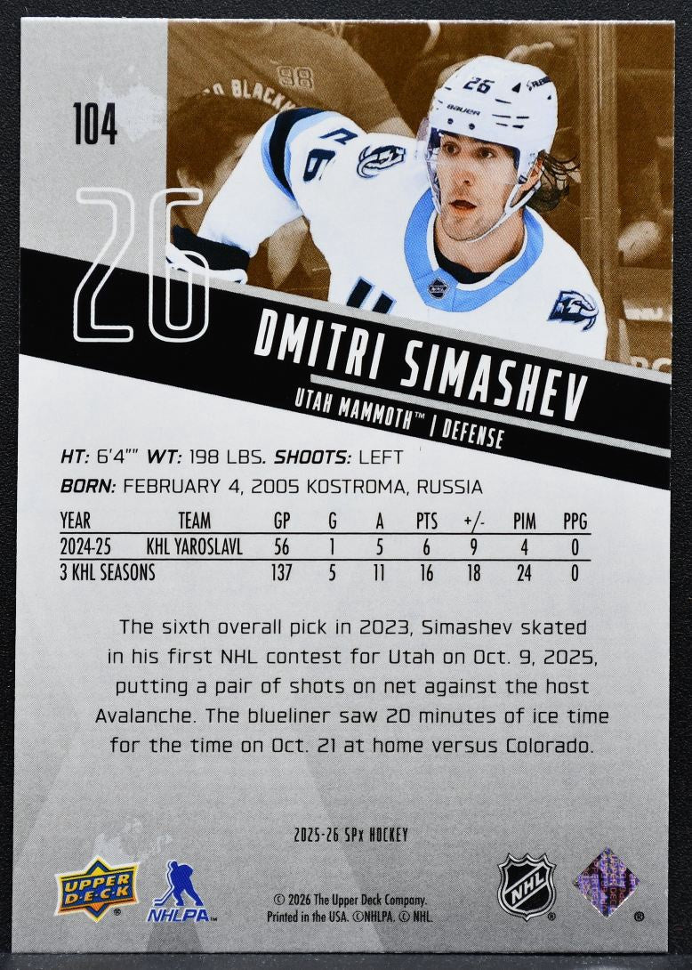 2025-26 SPx Rookies Dmitri Simashev 104 Utah Mammoth RC 6576
