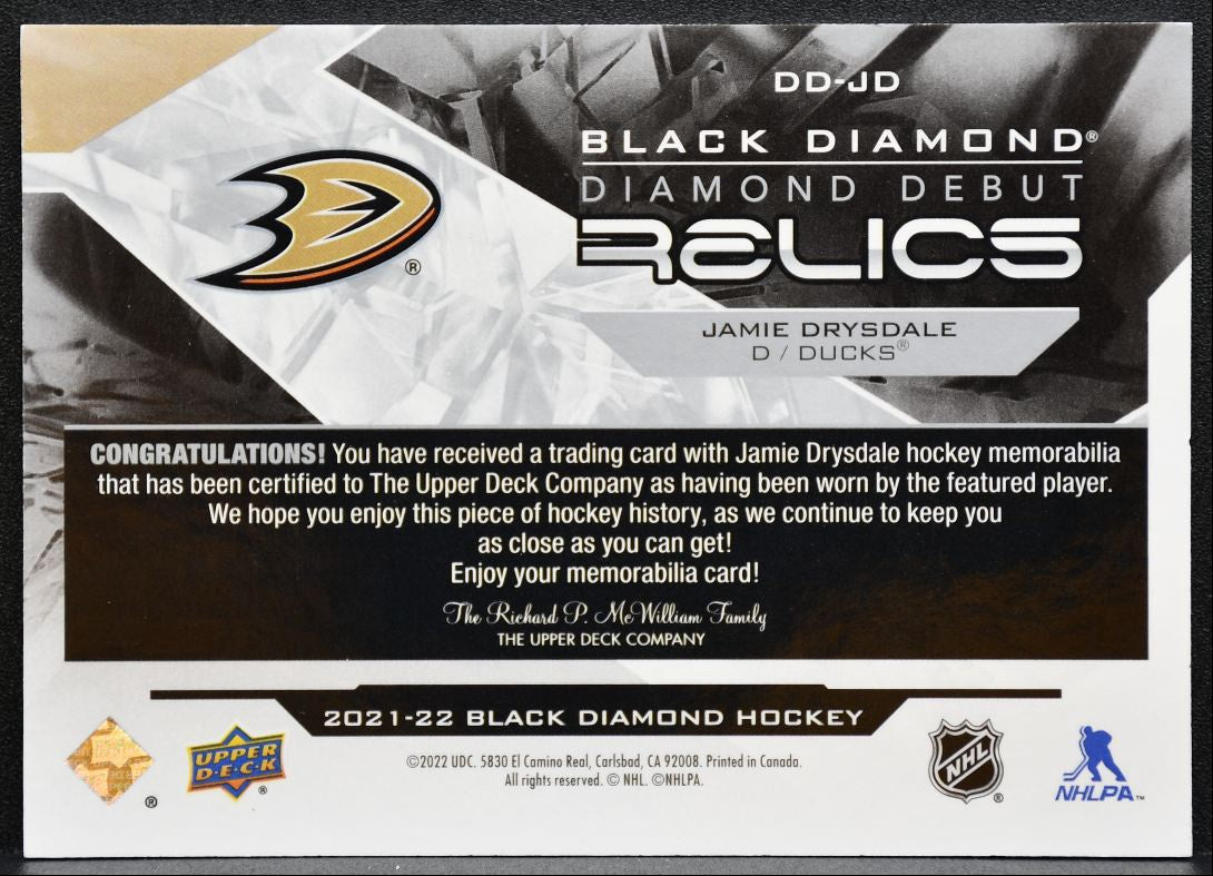2021-22 UD Black Diamond Debut Relics Jamie Drysdale RC Jersey 0689