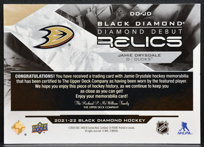 2021-22 UD Black Diamond Debut Relics Jamie Drysdale RC Jersey 0689