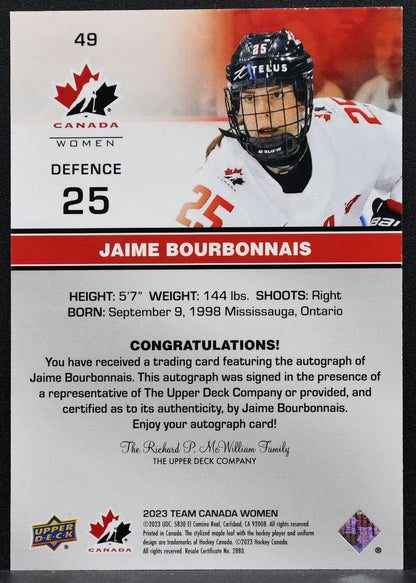 2023-24 Upper Deck Team Canada Auto Jaime Bourbonnais 49 Canada Auto 3222