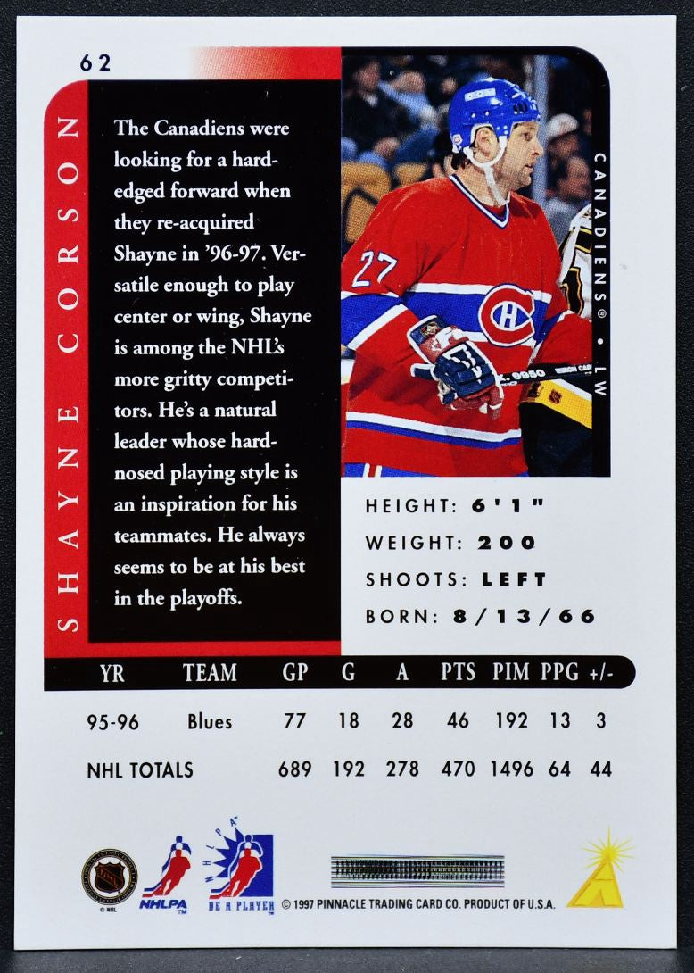 1996-97 Pinnacle Be a Player Autographs Shayne Corson 62 Canadiens Auto 1400