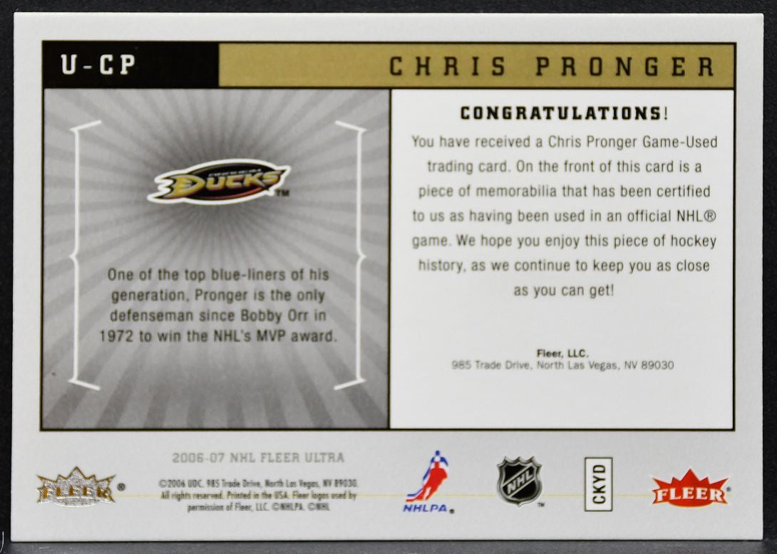2006-07 Fleer Ultra Uniformity Chris Pronger U-CP Anaheim Ducks Jersey 3011