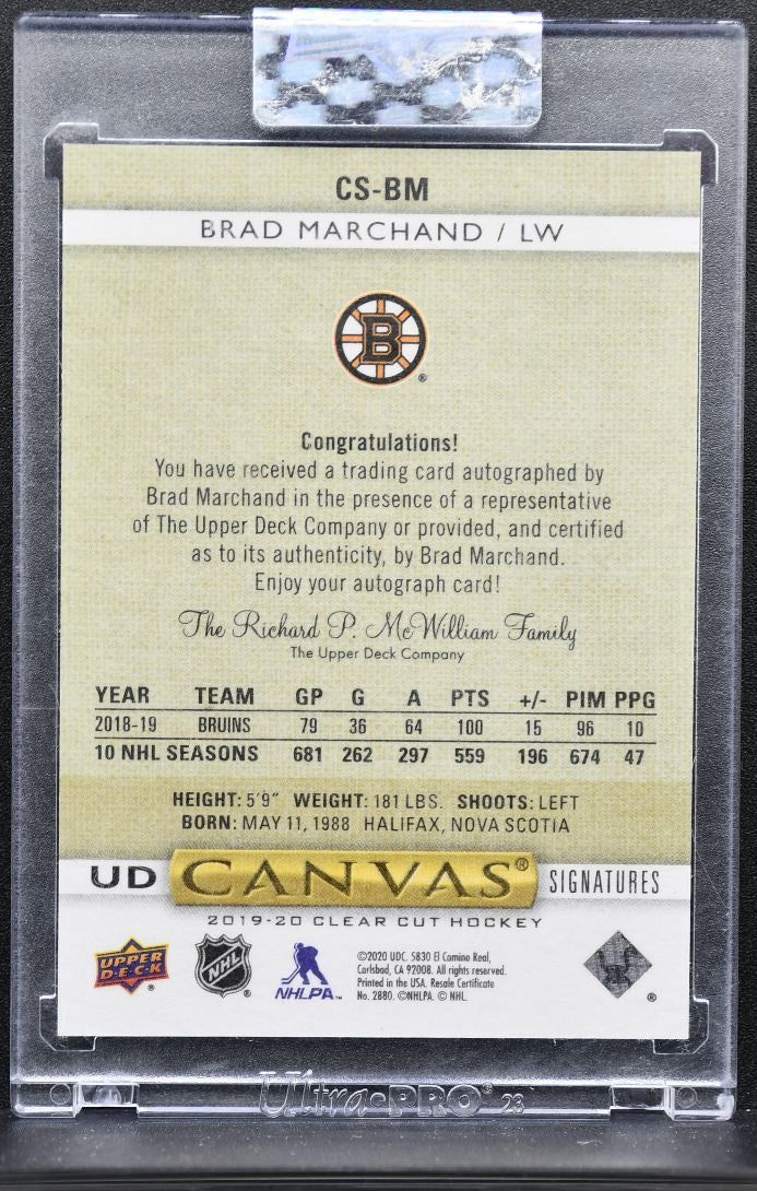 2019-20 UD Clear Cut UD Canvas Signatures Brad Marchand Bruins Auto /63 7572
