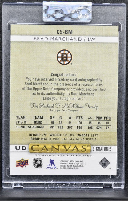 2019-20 UD Clear Cut UD Canvas Signatures Brad Marchand Bruins Auto /63 7572