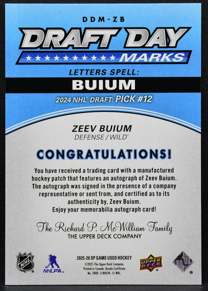 2025-26 SP Game Used Draft Day Marks Rookies Buium DDM-ZB RC Auto Patch 2637