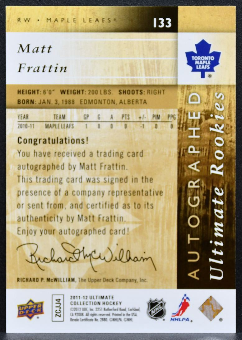 2011-12 UD Ultimate Collection Rookies Auto Matt Frattin RC Auto 2519