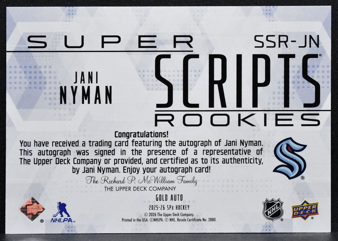 2025-26 SPx SuperScripts Rookies Gold Jani Nyman Kraken RC Auto 64/99 7153