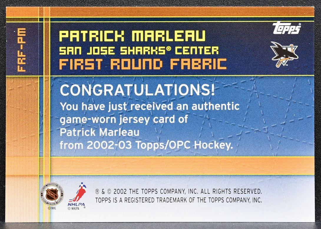 2002-03 Topps First Round Fabric Patrick Marleau FRF-PM Sharks Jersey 1496