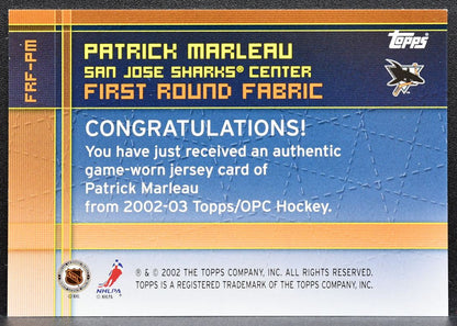 2002-03 Topps First Round Fabric Patrick Marleau FRF-PM Sharks Jersey 1496
