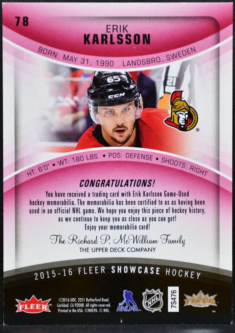 2015-16 Fleer Showcase Jersey Red Glow Erik Karlsson Senators 86/99 Jersey 9652