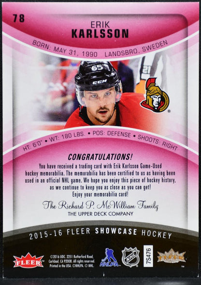 2015-16 Fleer Showcase Jersey Red Glow Erik Karlsson Senators 86/99 Jersey 9652
