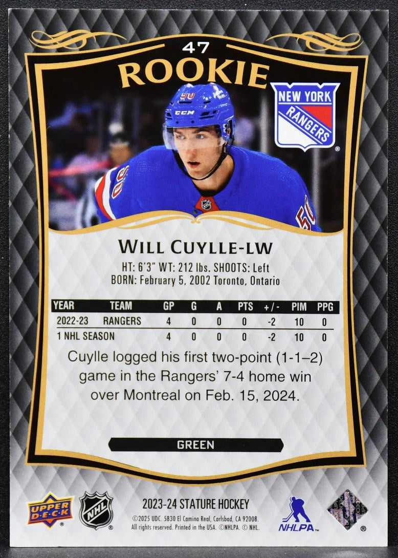 2023-24 UD Stature Rookie Green Will Cuylle 47 New York Rangers RC 004/375 9508
