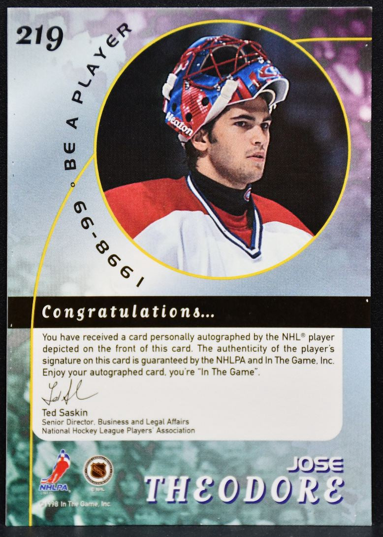 1998-99 In The Game Be A Player Auto Jose Theodore 219 Canadiens Auto 7808