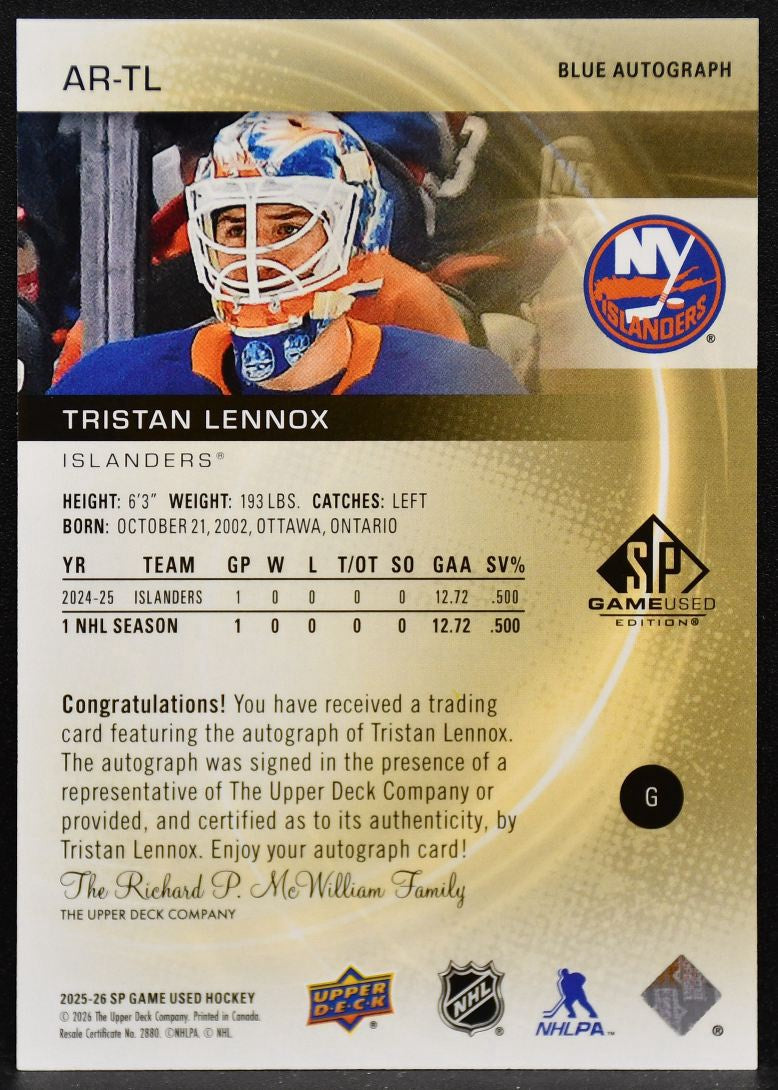 2025-26 SP Game Used Authentic Blue Tristan Lennox AR-TL Islanders RC Auto 4555