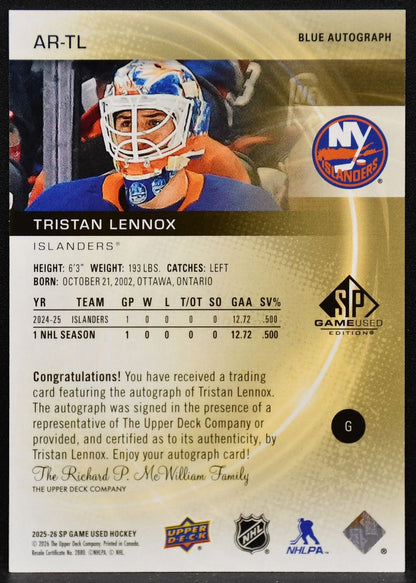 2025-26 SP Game Used Authentic Blue Tristan Lennox AR-TL Islanders RC Auto 4555