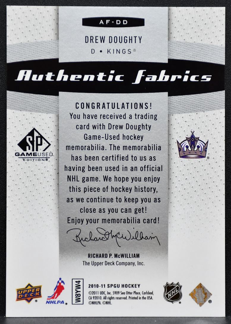 2010-11 SP Game Used Authentic Fabrics Drew Doughty AF-DD Kings Jersey 0820
