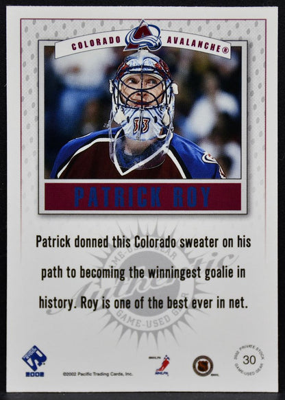 2002-03 Pacific Private Stock Game Gear Patrick Roy 30 Colorado Avalanche Jersey 3613