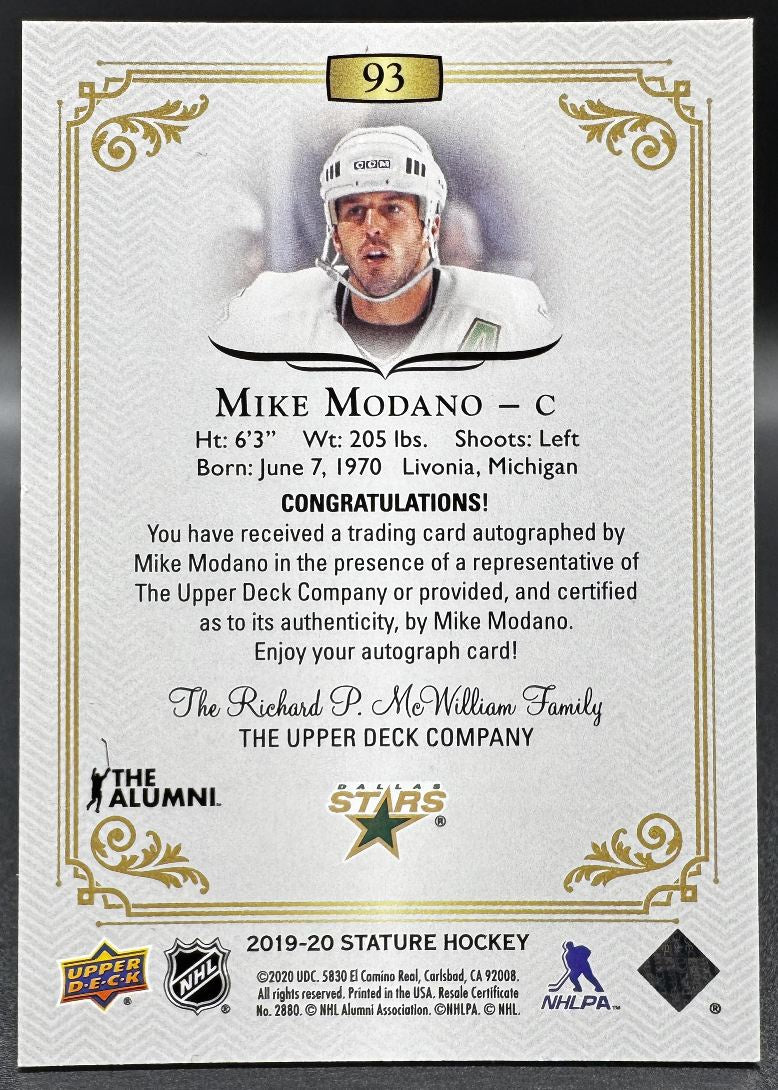 Mise à jour de la carte UD 2020-2021 : Mike Modano, n° 93, Dallas Stars, autographe 35/65 (2019-2020)