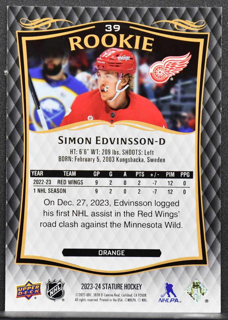 2023-24 UD Stature Rookie Orange Simon Edvinsson 39 Detroit Red Wings RC 158/199 7382