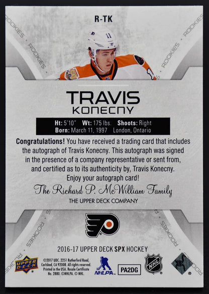 2016-17 SPx Rookies Autographs Travis Konecny R-TK Philadelphia Flyers Auto /165