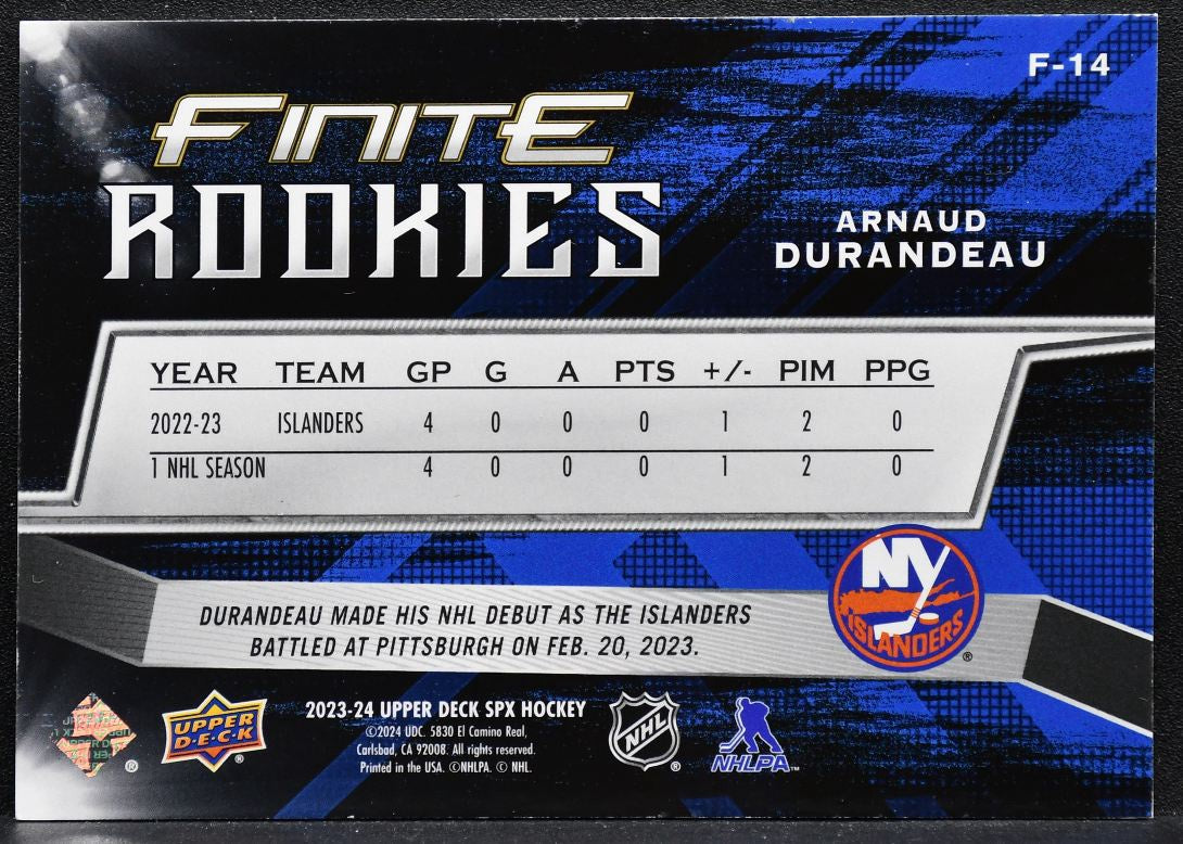 2023-24 SPx Finite Rookies Arnaud Durandeau New York Islanders RC 178/799 7740
