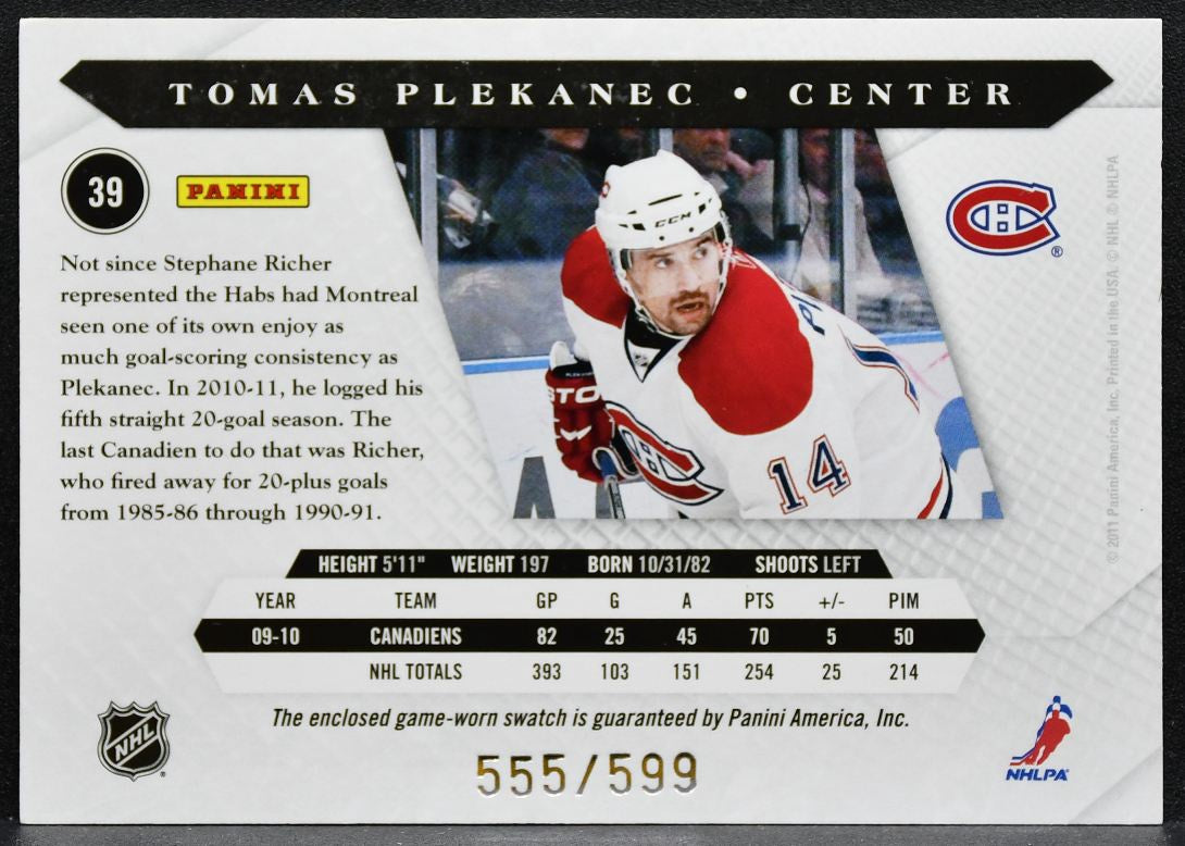 2010-11 Panini Luxury Suite Jersey Tomas Plekanec Canadiens 555/599 Jersey 9257