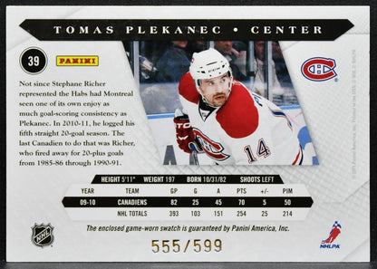 2010-11 Panini Luxury Suite Jersey Tomas Plekanec Canadiens 555/599 Jersey 9257