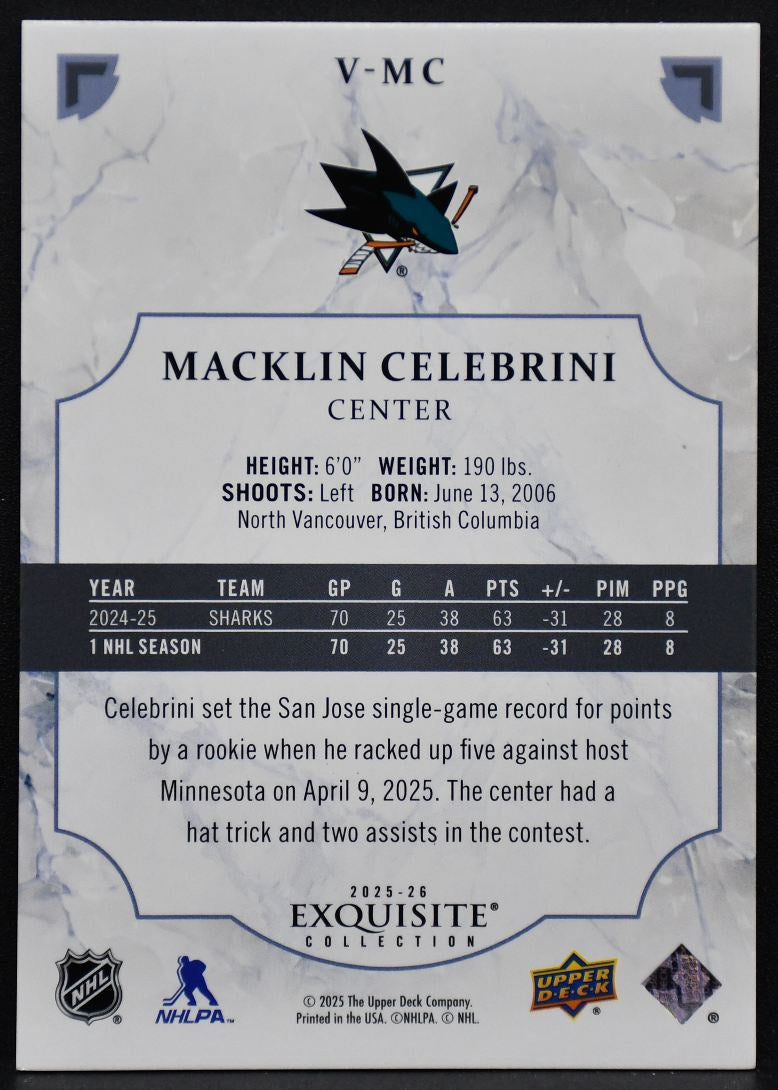 2025-26 UD Exquisite Collection Macklin Celebrini V-MC San Jose Sharks 267/399 2425