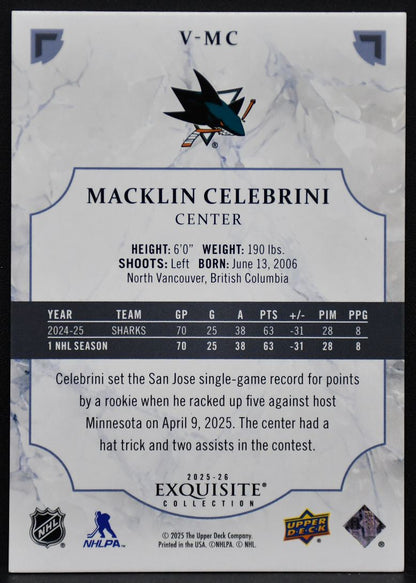 2025-26 UD Exquisite Collection Macklin Celebrini V-MC San Jose Sharks 267/399 2425