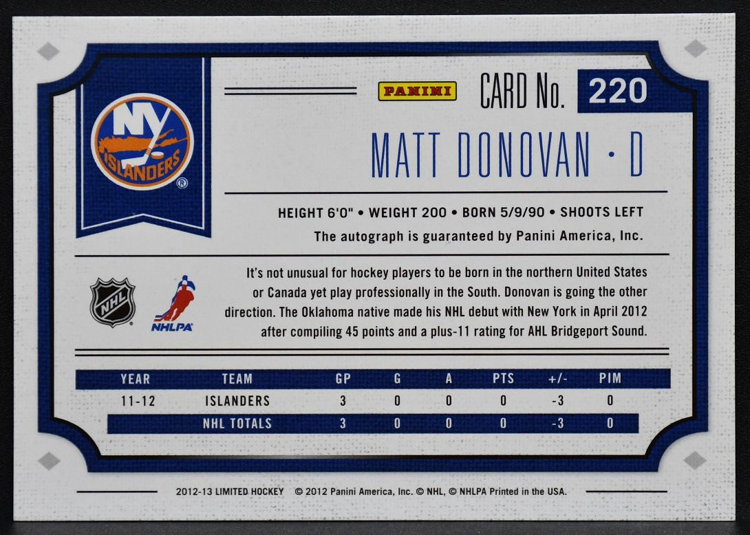 2012-13 Panini Limited Phenoms Donovan 220 Islanders RC Auto 255/499 Patch 0232
