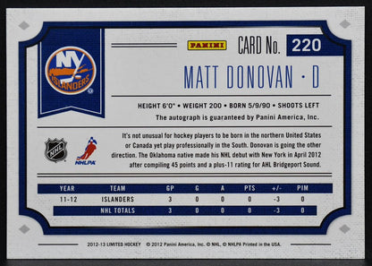 2012-13 Panini Limited Phenoms Donovan 220 Islanders RC Auto 255/499 Patch 0232