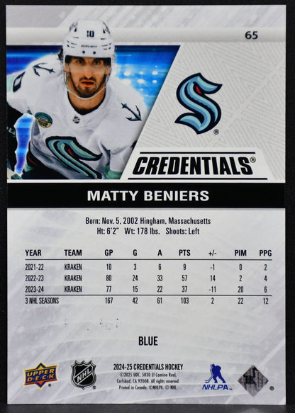 2024-25 Upper Deck Credentials Blue Matty Beniers 65 Seattle Kraken 149/299 1381