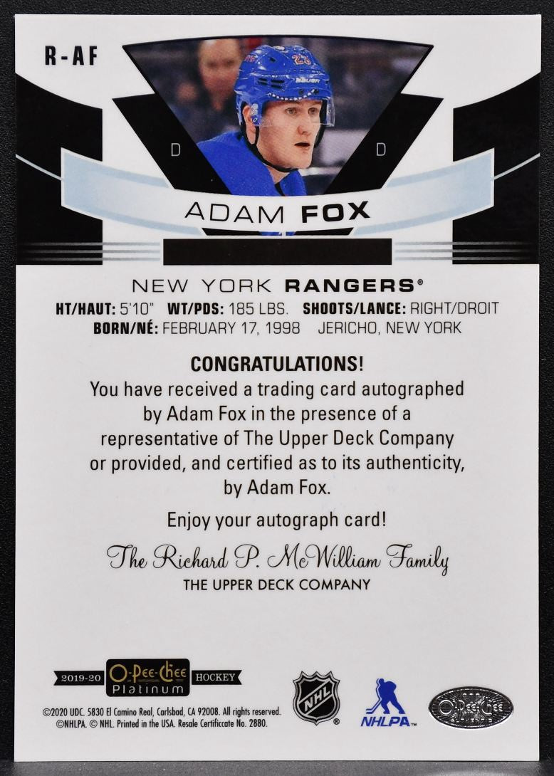 2019-20 O-Pee-Chee Platinum Rookie Autos Adam Fox R-AF Rangers RC Auto 7269