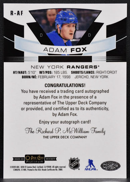 2019-20 O-Pee-Chee Platinum Rookie Autos Adam Fox R-AF Rangers RC Auto 7269