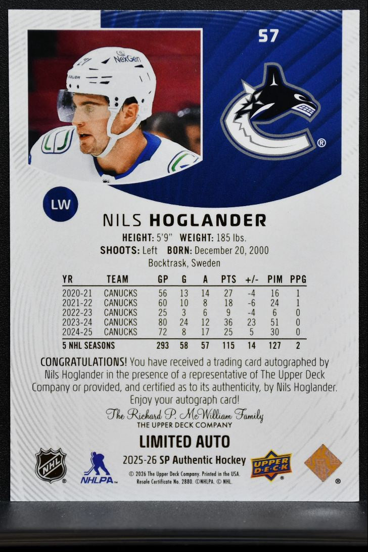 2025-26 SP Authentic Limited Auto Nils Hoglander 57 Vancouver Canucks Auto 2539