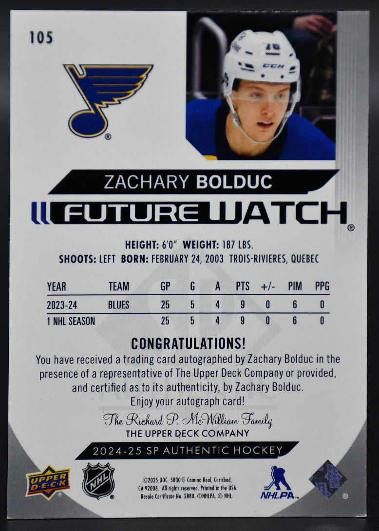 2024-25 SP Authentic Zachary Bolduc 105 St. Louis Blues RC Auto 710/999
